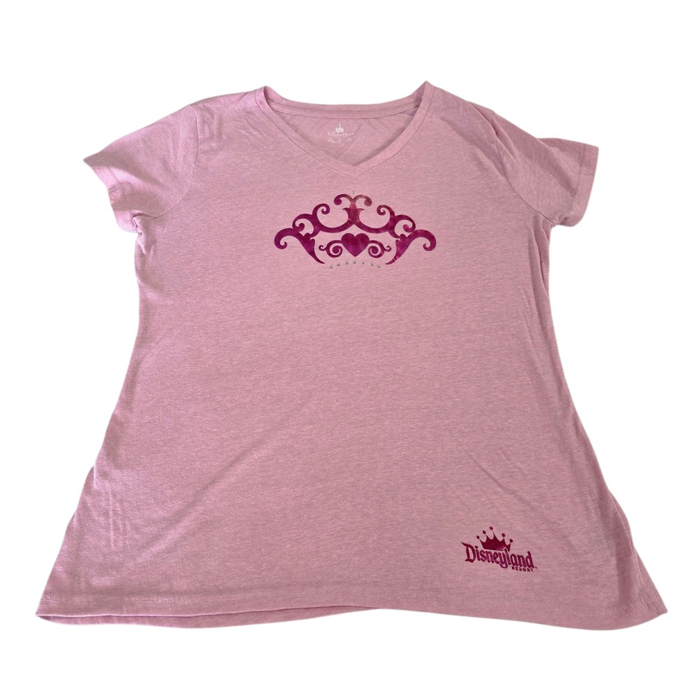 Disney Parks Blouse Top Pink XL Short Sleeve V Neck Knit Crown Graphic Print Tee